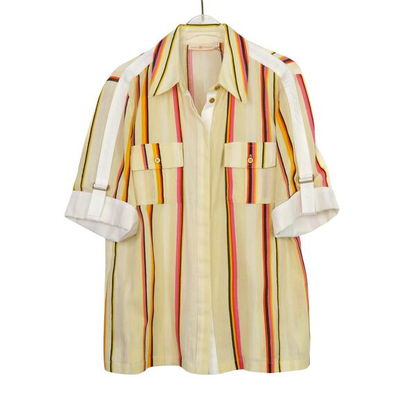 Tory Burch Canyon Stripe Cotton Shirt Size 6 Collared Multicolor Button Down - Picture 12 of 12